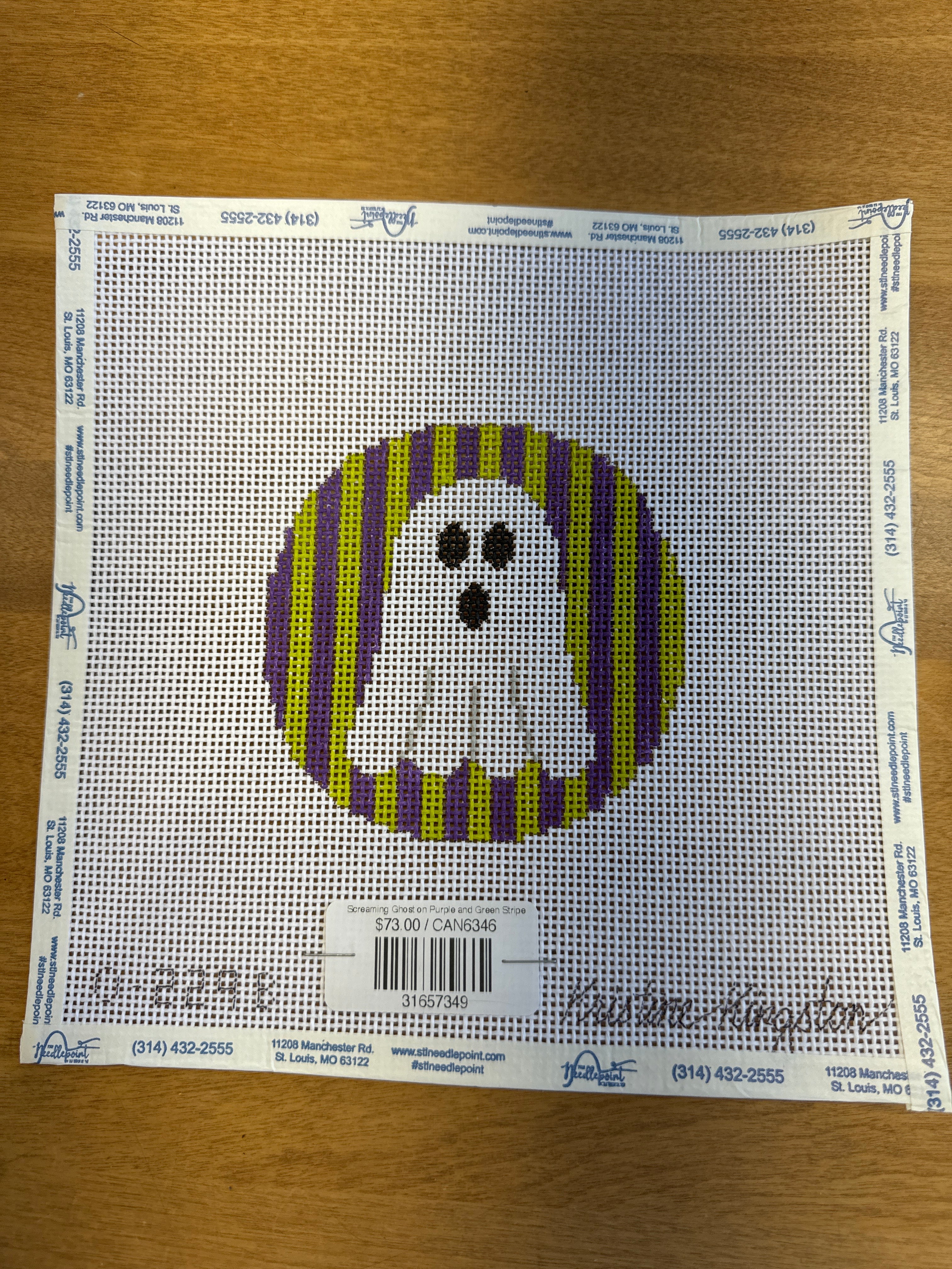 Screaming Ghost on Purple and Green Stripe The Needlepoint Clubhouse