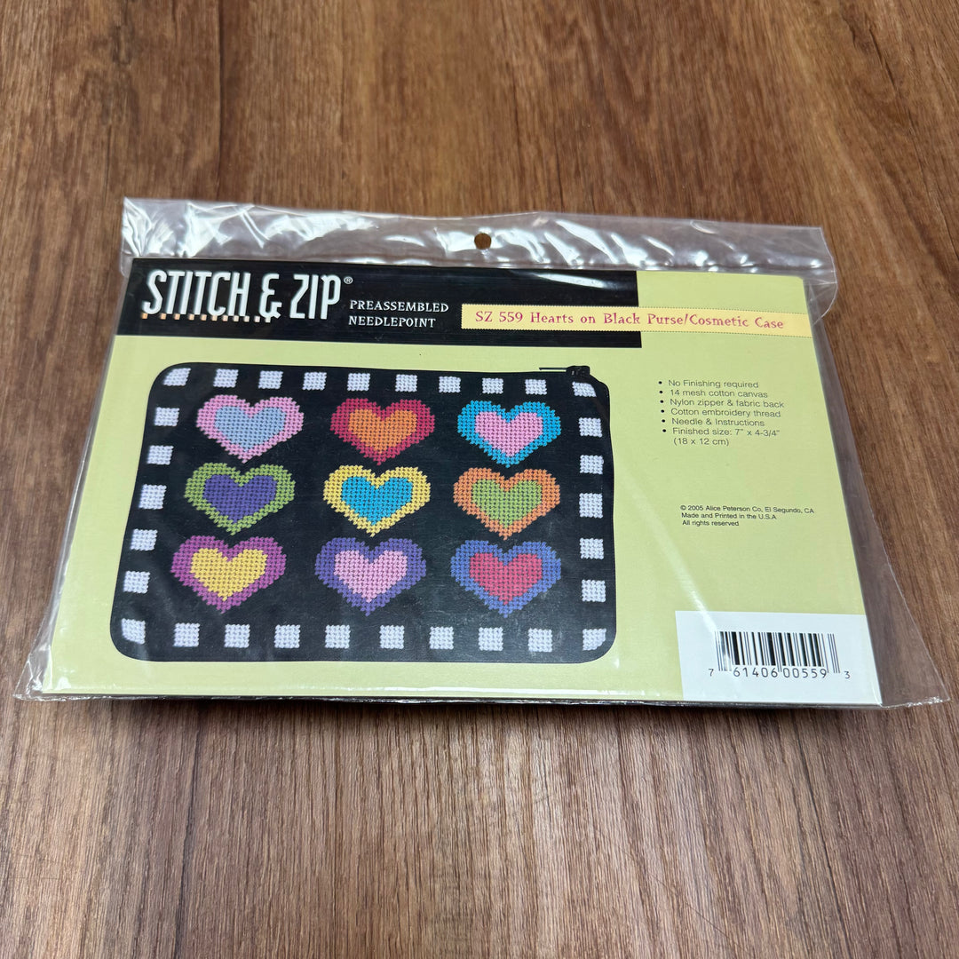 Hearts on Black Needlepoint Purse | Alice Peterson Stitch & Zip